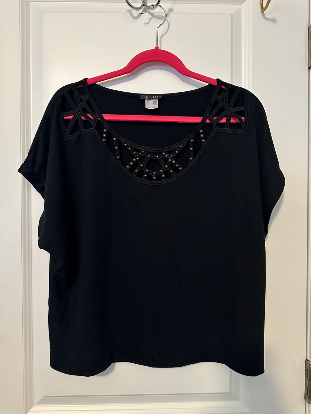 VENUS Black Short-Sleeve Top with Cutout Beaded Neckline